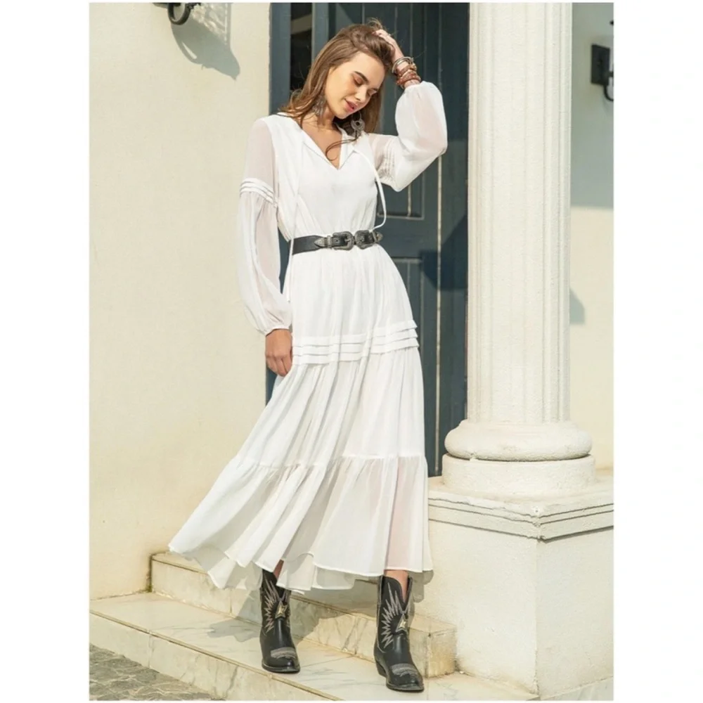 Rouge White Flowing Maxi Dress Size 10 BNWOT Elegant Boho Western - Picture 4 of 11